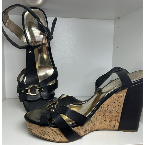 Guess Shoes Guess Cork Wedge Sandals In Black With Gold G Emblem
